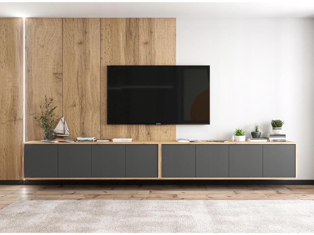 TV stand with 4 Doors - carcasse Oak Mobenze façades graphite mat - 150 cm CEOL85967