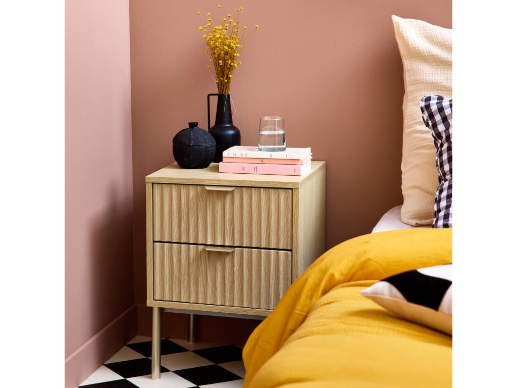 Table of chevet effet Mobenze rainuré and Metal- pieds Metal champagne- 2 Drawers EQYB77902