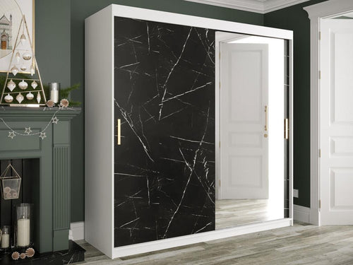Mobenze 262 White Matt Wardrobe - Black Marble 200x200x62cm Sliding Wardrobe Doors JMOH64756