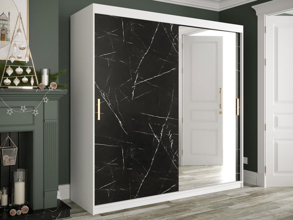Wardrobe Mobenze 262 Mat White - Marbre Black 200x200x62cm Doors Wardrobe Glissement JMOH64756