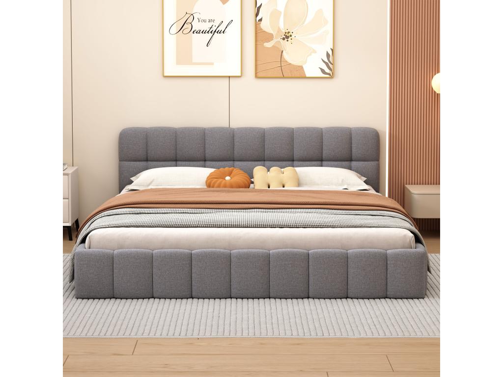 Bed adulte 160x200cm Bed double in lin with dossier moelleux Bed plat with encadrement Upholstered Slatted base Mobenze Headboard Gray KTQO62635