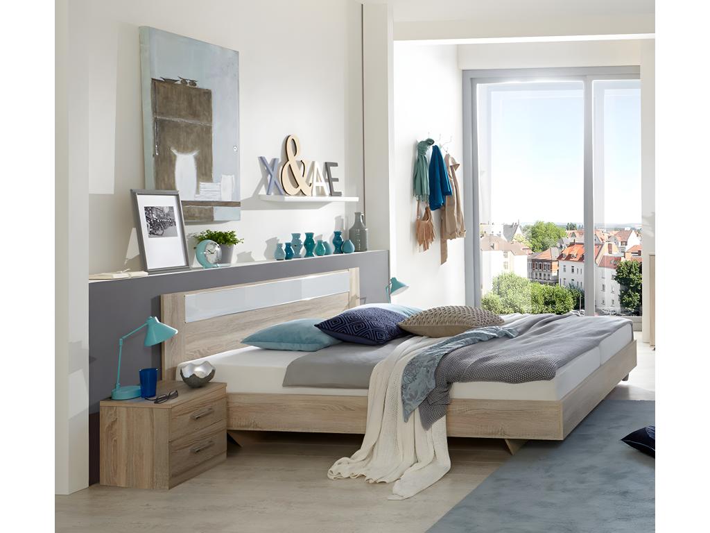 Adult bed with 2 bedside tables, oak effect with white glass trim, Luxameub - Dimensions 180x200 cm BRIB42952