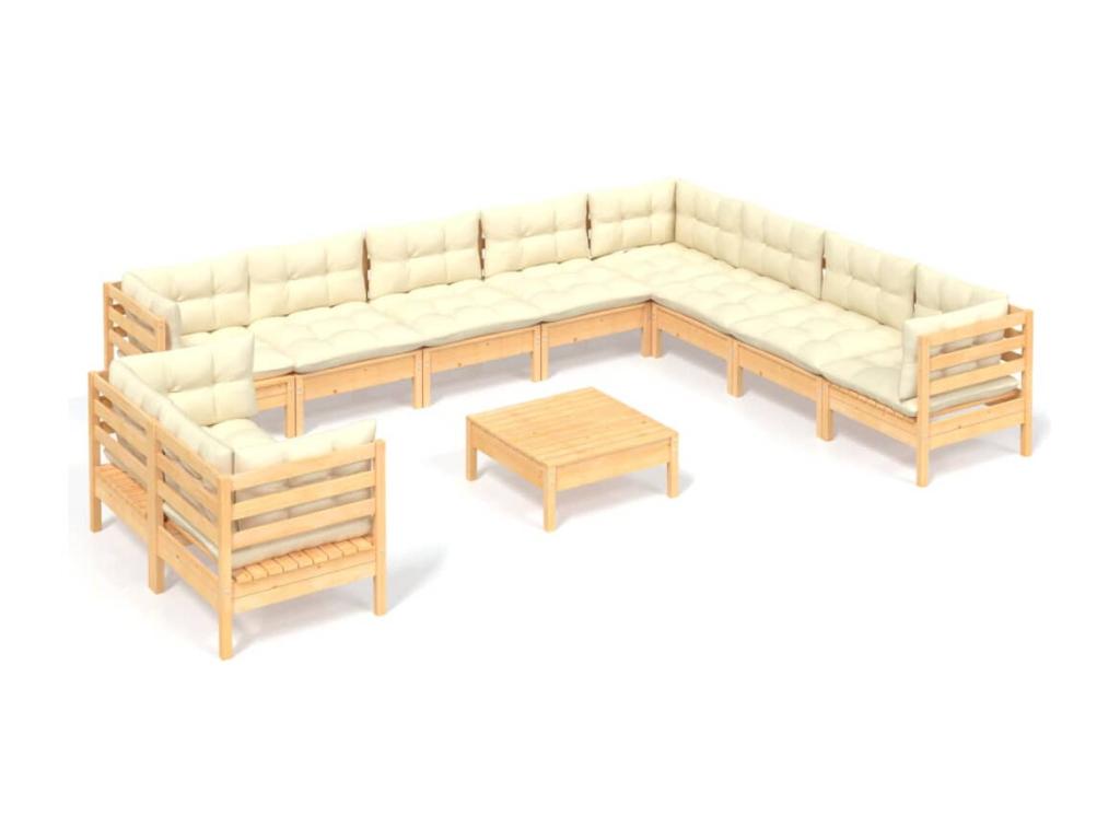 11-piece garden furniture set with cream cushions, solid pine mobenze, QIDA67982